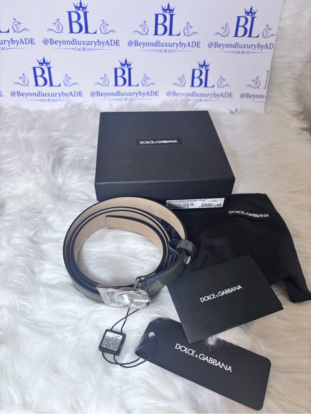 Authentic Dolce & Gabbana Grey Leather Belt with Silver Logo Buckle